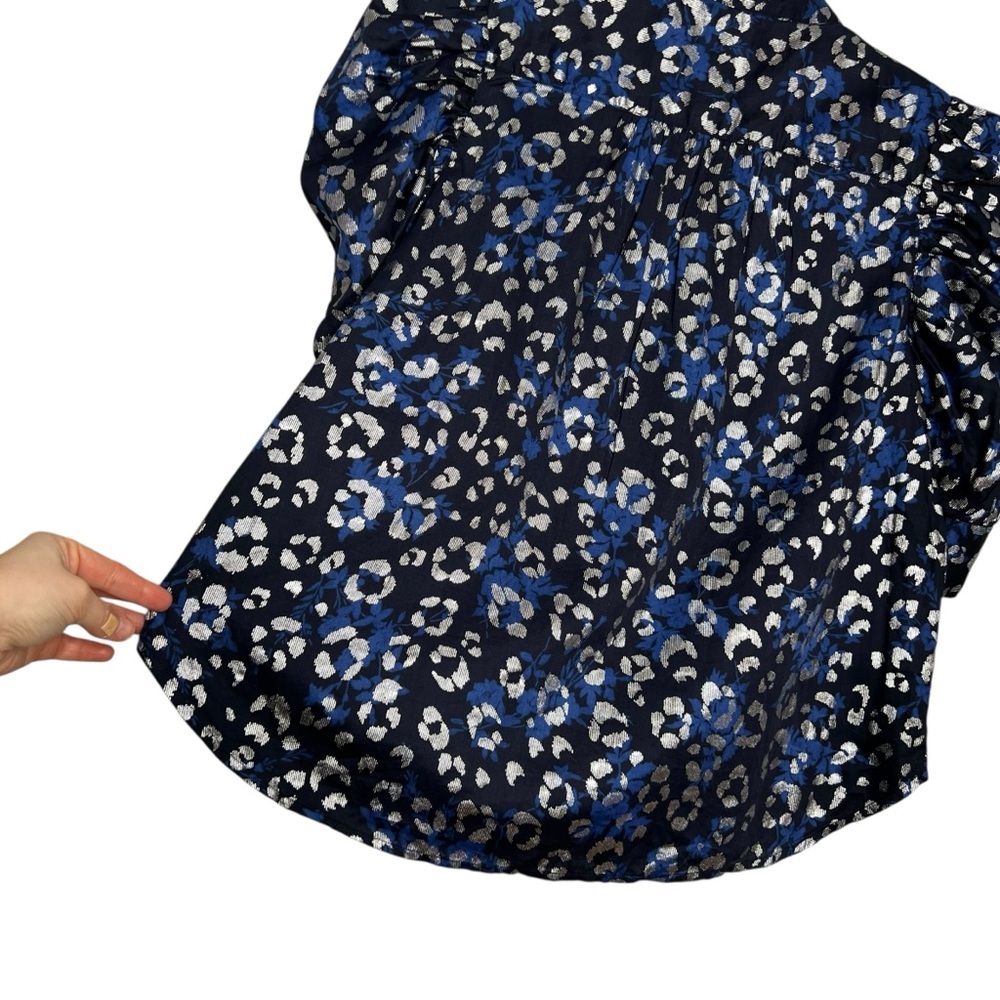 GAP Cotton Puff Sleeve Button Front Blouse Blue & Silver Size Medium - Picture 9 of 12